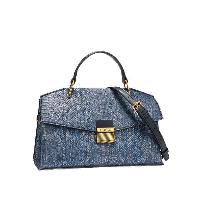 Blue Women's Genuine Leather Handbag with Snake Pattern, Letter Details and Zipper Pocket