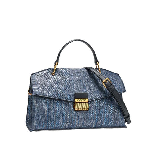 Blue Women's Genuine Leather Handbag with Snake Pattern, Letter Details and Zipper Pocket